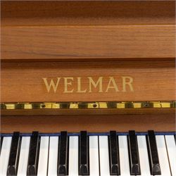 1970s century Welmar mahogany cased upright piano, retailed by The Piano Centre Rotherham, serial no. 75618, H110cm, W141cm