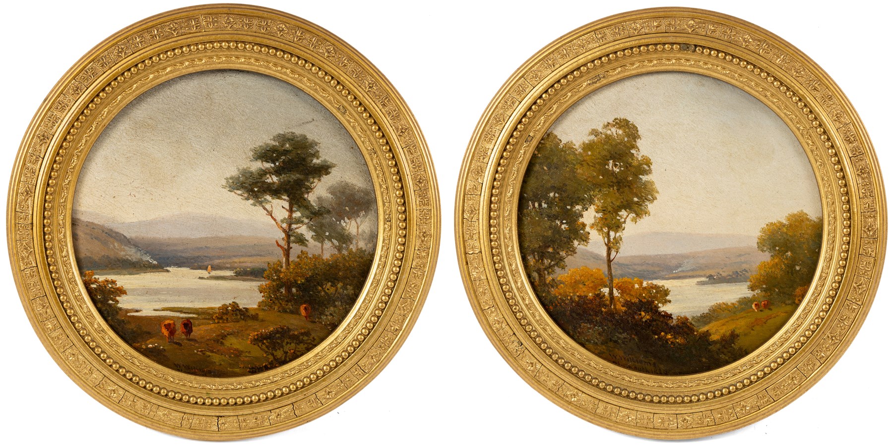 William Williams of Plymouth (British 1808-1895): Estuary Scenes, pair circular oils on oak panels signed and dated 1888, D18cm (2)