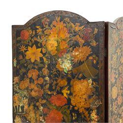 Late Victorian découpage scrap screen, three folding panels decorated with applied plates and cut-outs of portraits, floral and foliate images and animals