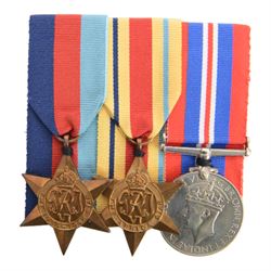 WWII trio, War medal, 1939-45 star and Atlantic star, awarded to Albert Harris R.N, together with WWII trio, War medal, 1939-45 star and The African Star, awarded to Pilot Officer P Eastman and another war and defence medal     