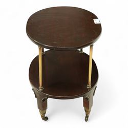 Late Victorian mahogany and brass tea trolley, square supports with C-scroll brackets, on brass cups and castors