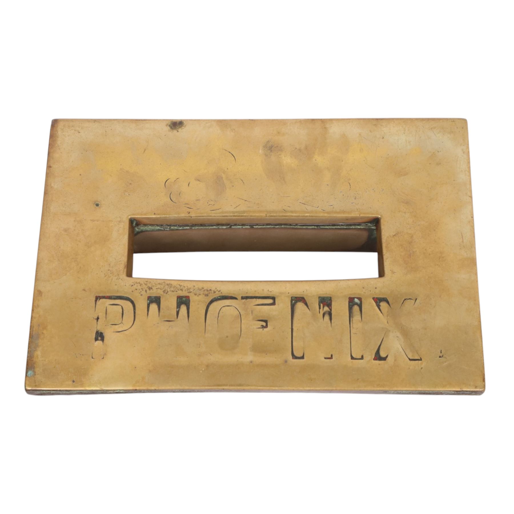 Late 19th century brass door knob set and brass letter box cover for Phoenix Assurance Company Limited, the door knobs each cast with fluted sides, the fronts with deep cast phoenix, square spindle shaft, each approximately L7.5cm, the letter box cover inscribed Phoenix beneath rectangular letter recess and flap, 19cm x 28cm