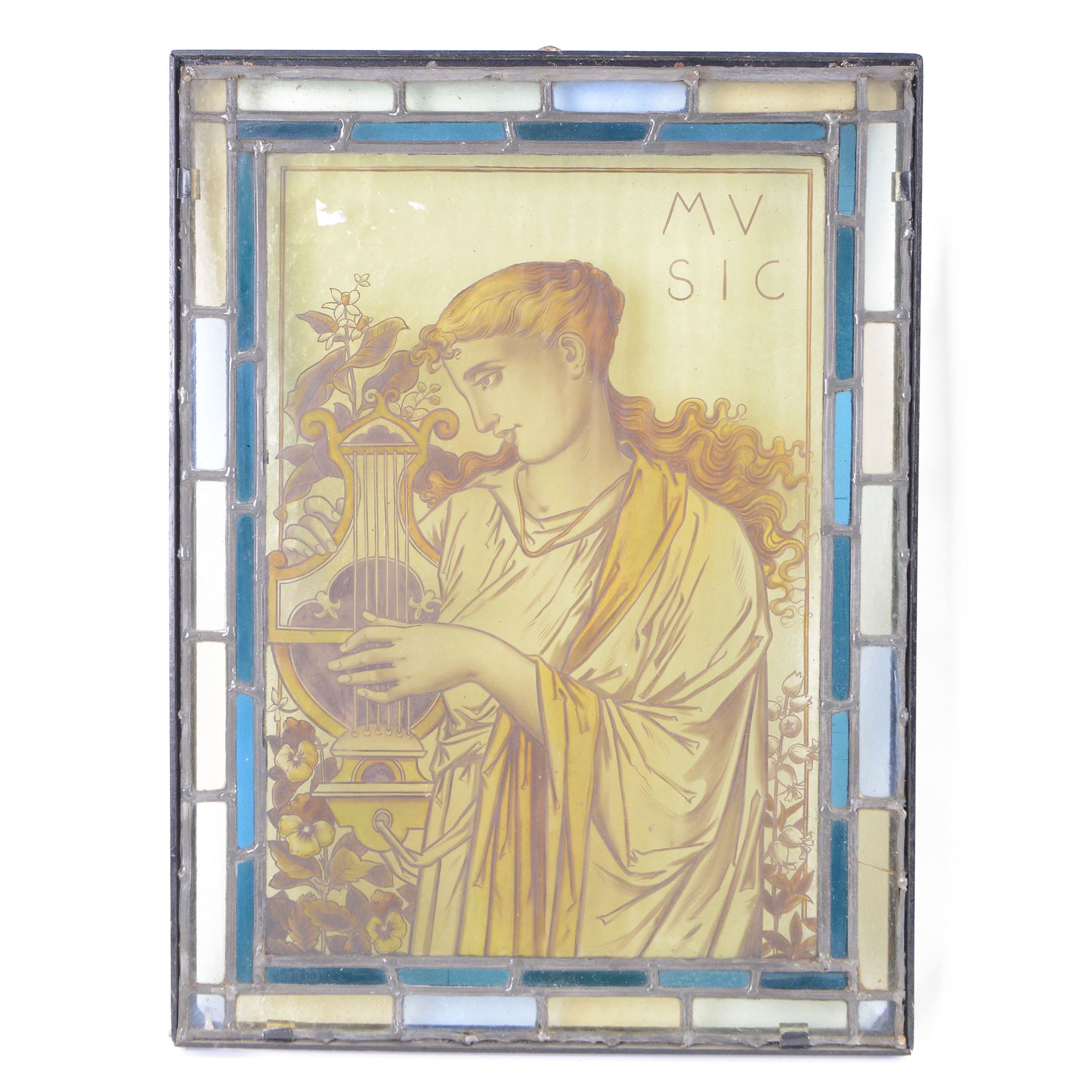 Two stained glass leaded panels each decorated with birds in foliate to to the centre, together with another panel with a female figure to the central panel, largest L78cm, H53cm