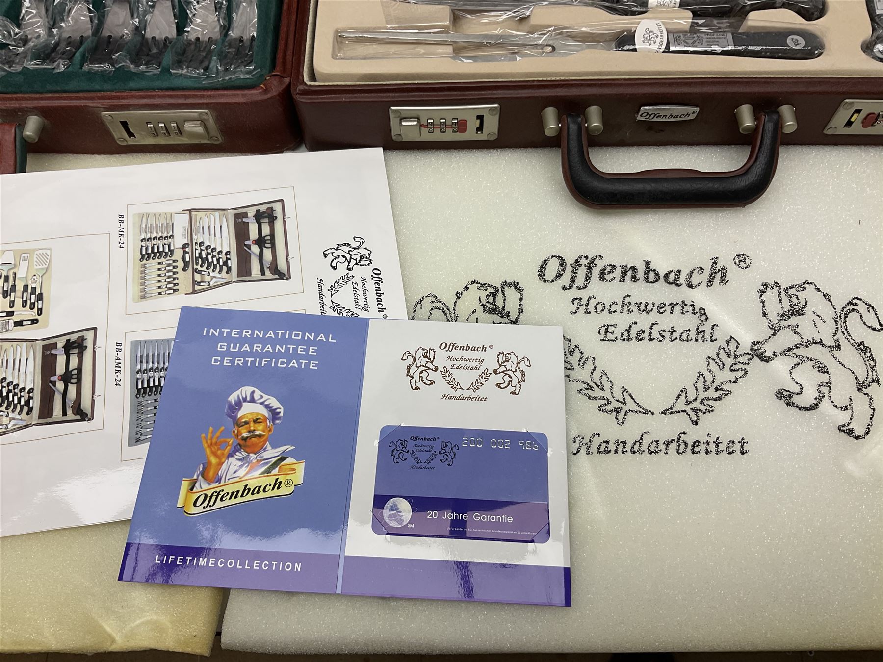 Bachmayr Soligen boxed set of six steak knives and fork, together with Offenbach chef quality knives, chopper, forks, scissors and knives sharpeners, in fitted cases