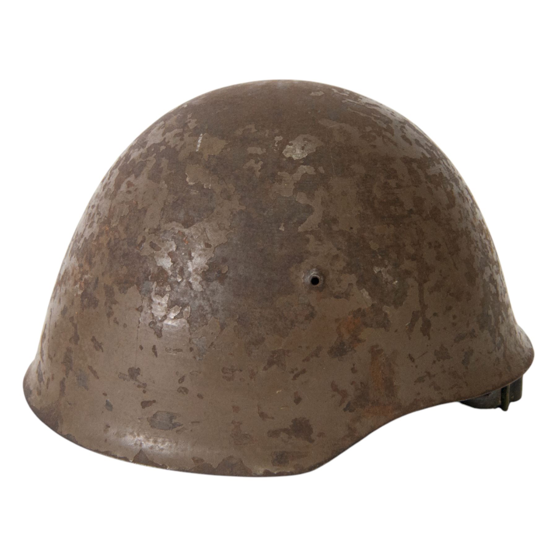 WWII Indian Army steel helmet, with chinstrap, together with Portuguese M30 steel helmet with liner and leather chin strap 