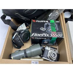 Cameras and related equipment including Fujifilm FinePix S5500, Minolta and other lenses, various camera bodies, soft case camera bag etc and a pair of Aico 10X50 binoculars, in two boxes (all untested)