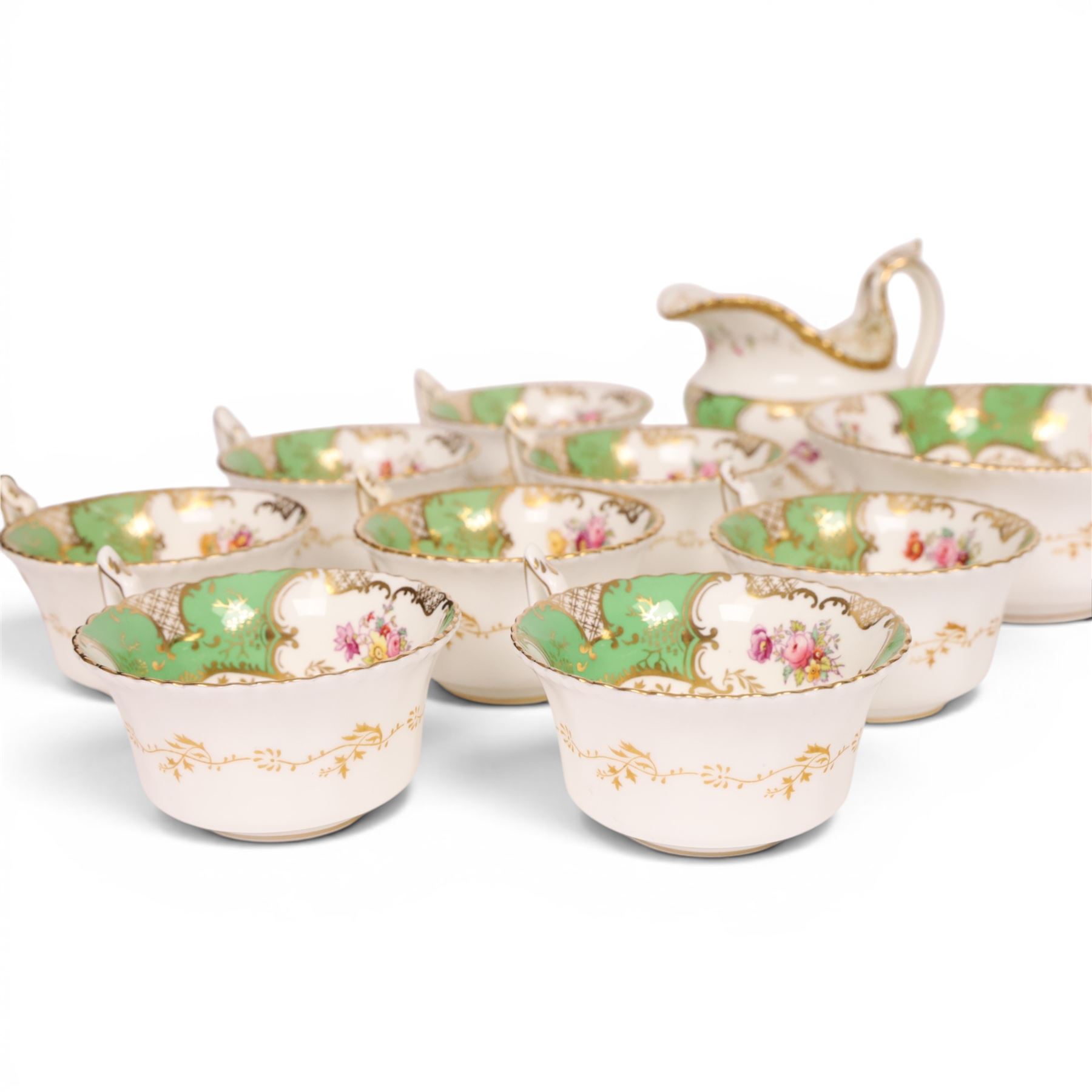 Coalport green batwing pattern tea service for eight, comprising teacups and saucers, side plates, milk jug, open sucrier and sandwich plate