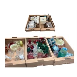 Large collection of coloured glass, including hen on nest, molded jugs, stained glass pane...