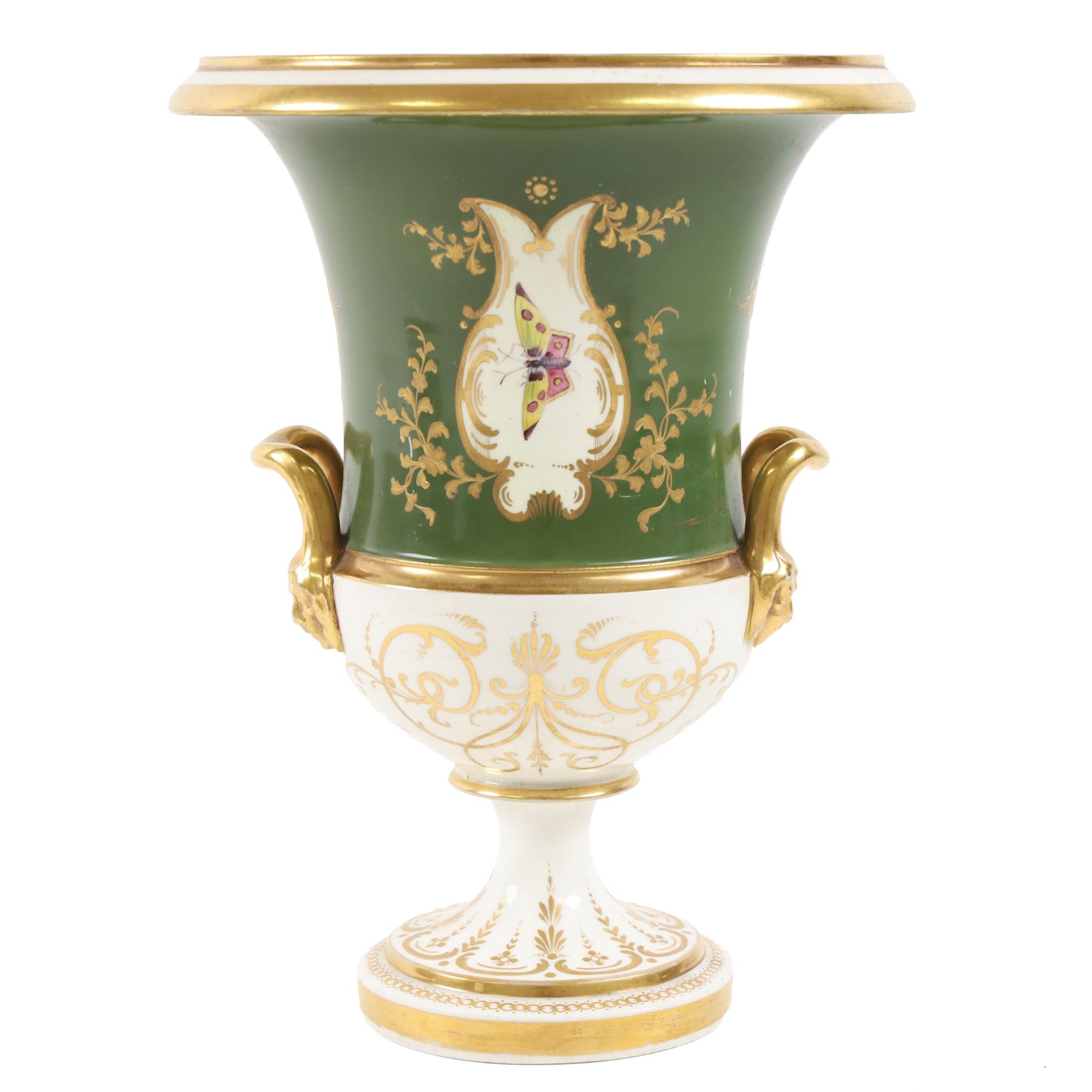 19th Century twin handled campana vase, probably Coalport, hand painted with a river scene upon a green ground with gilt detail, H27cm