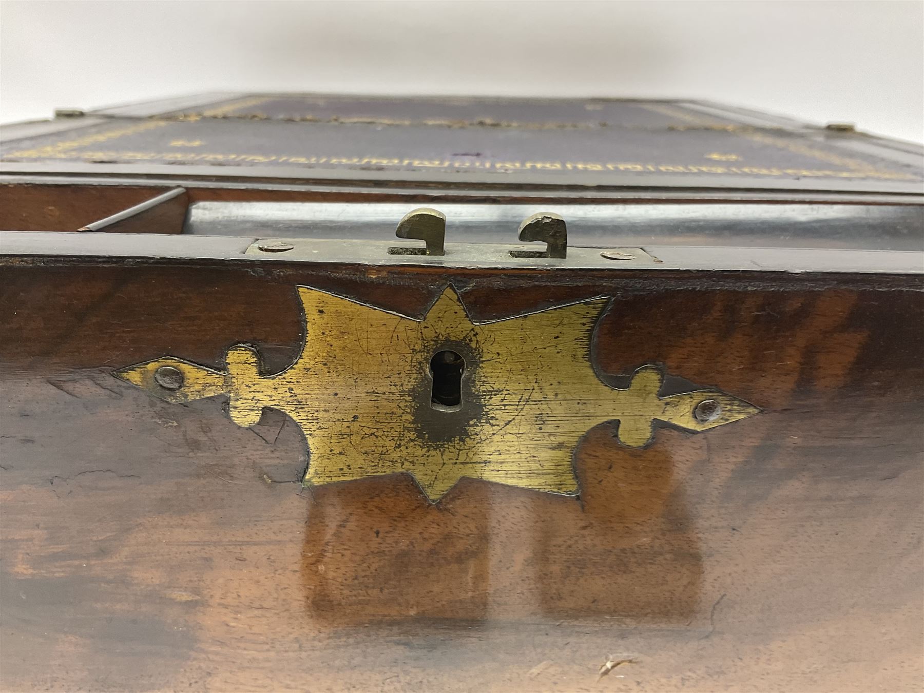 Victorian mahogany writing slope, the brass bound hinged cover opening to reveal tooled leather and gilt interior with two glass inkwells, together with a similar parquetry inlaid writing slope, with central mother of pearl inlay enrgraved 'Sarah', tallest H17cm 