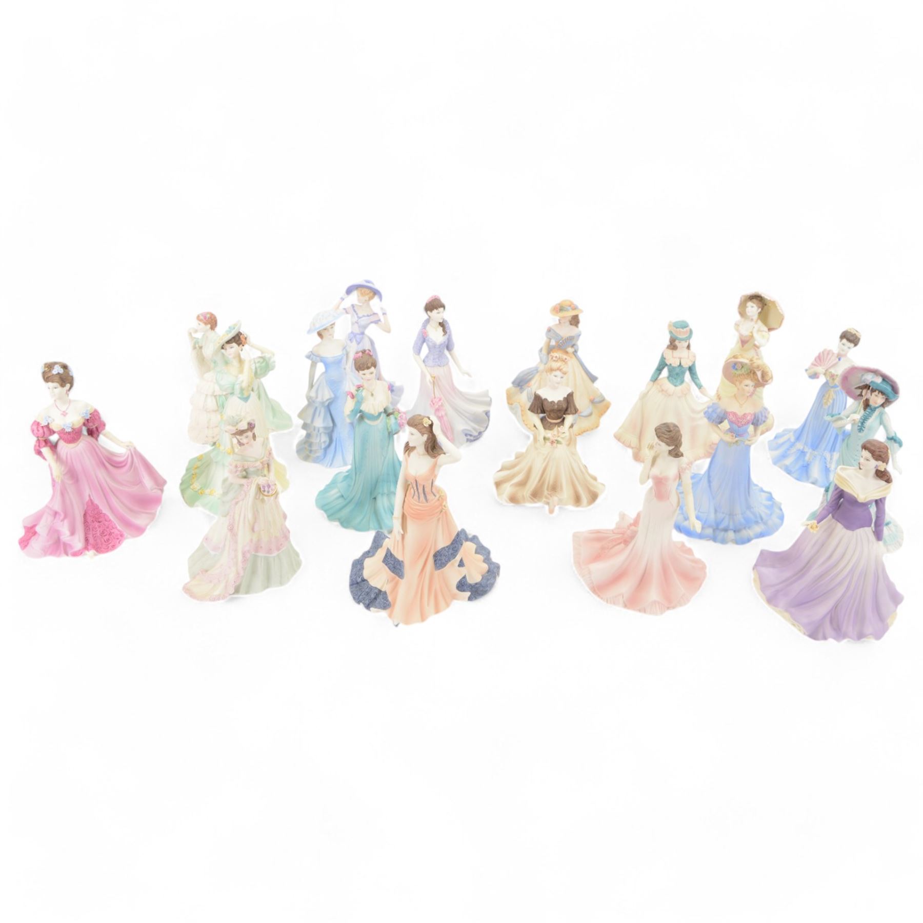 Eighteen Coalport Age of Elegance bisque figurines, including Brighton Promenade, Kensington Parade, Spring Pageant and Mandarin Crescent, mostly boxed