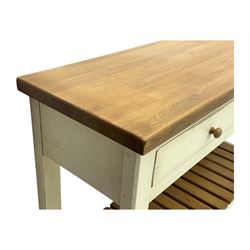 Fired Earth - contemporary Bastide style console table, oak top over cream painted frame fitted with two drawers and turned wooden handles, above a slatted oak undertier, raised on square supports
