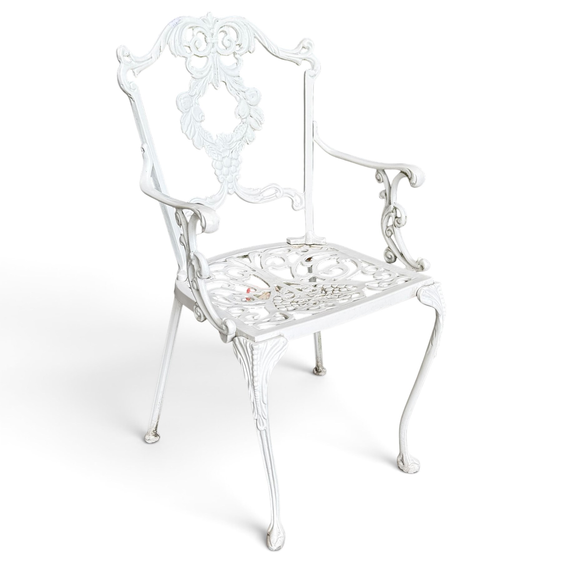 Regency design white-painted aluminium garden table, square pierced top with scrolling acanthus leaf decoration, splayed supports joined by pierced circular under-tier (W75cm H72cm), the chairs with scrolling and floral garland design backs over pierced foliate seats with cabriole supports (W48cm H90)