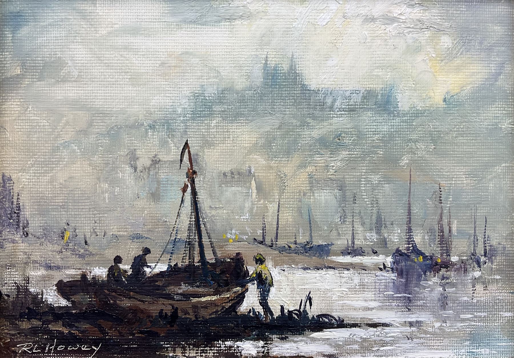 Robert Leslie Howey (British 1900-1981): Low Tide Whitby Harbour, oil on canvas board signed 13cm x 18cm
