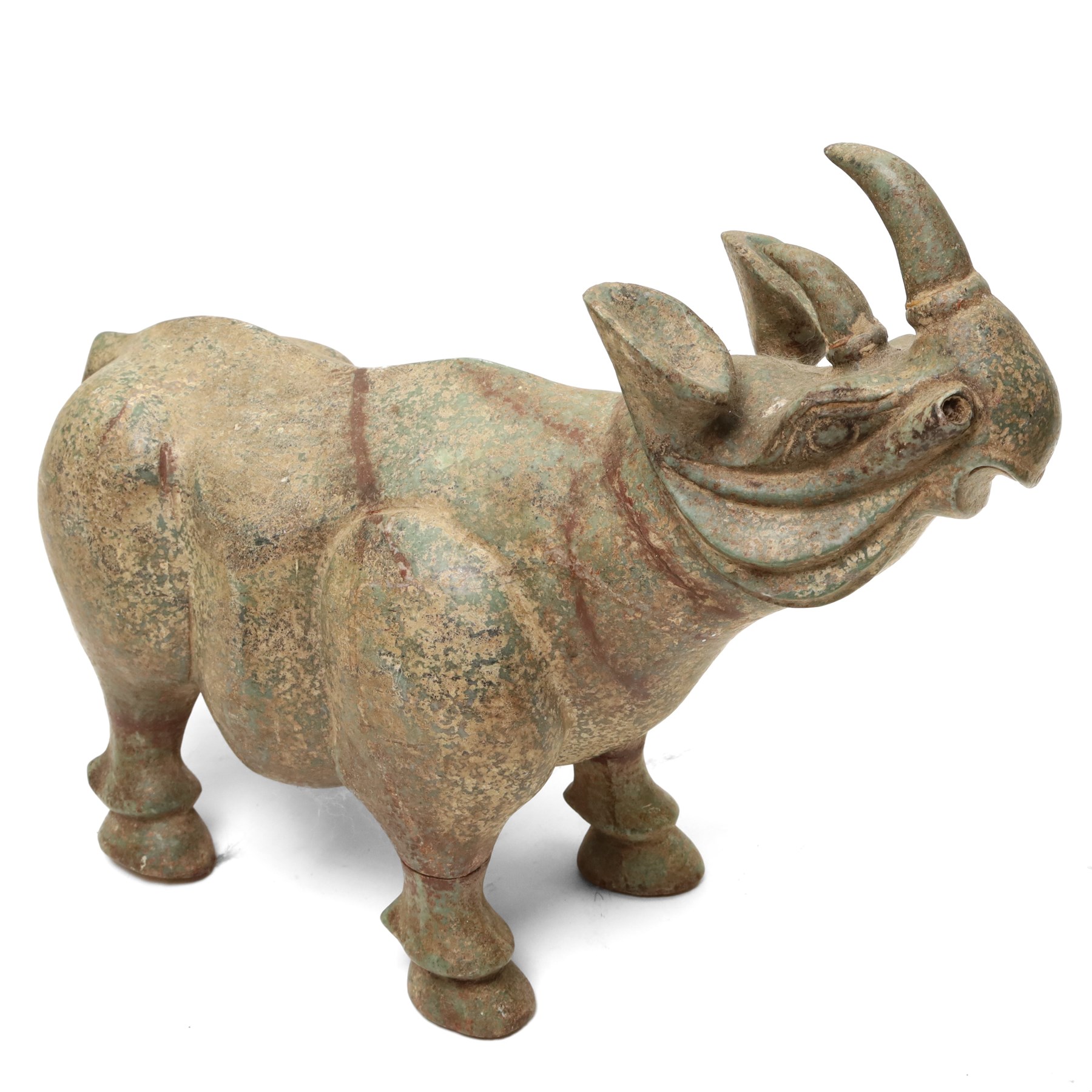 Carved stone Rhino, W44cm and a pair of two green stone Elephants, W38cm (3)