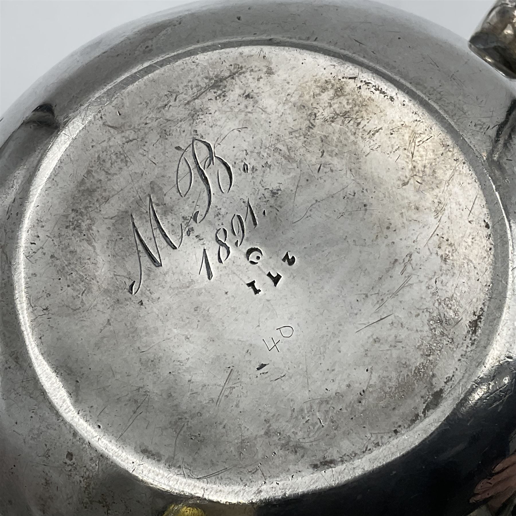 Late Victorian silver bachelors three piece tea service, comprising bullet shaped teapot, open sucrier and milk jug, each engraved with monogram surrounded by birds upon and amidst a blossoming vine, the teapot with scroll capped curved wooden handle and wooden finial to cover, hallmarked Wakely & Wheeler, London 1890, teapot including handle H12cm, sucrier H5.5cm 