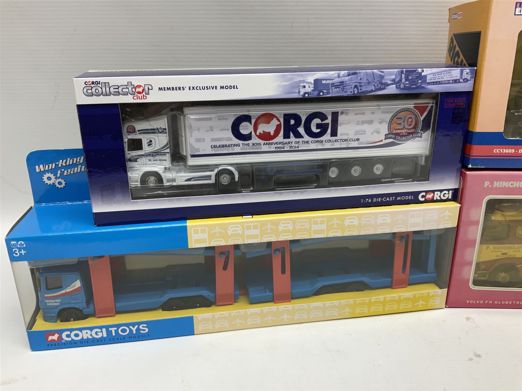 Corgi - nine lorries comprising CC13609 DAF CF Tipper Thomas Armstrong Holdings Ltd; CC12415 Volvo FH Globetrotter Bulk Tipper Hinchcliffe; CC11002 Thames Trader Luton Van Robson's of Carlisle; Hornby Car Transporter; and five Collector's Club Models; all boxed but three Club models in delivery packaging only (9)