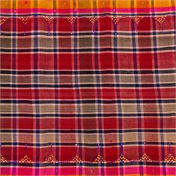 South West Persian Jajim kilim, field woven with a plaid design of intersecting bands in shades of red, terracotta, pink, and ochre, flanked by contrasting side panels decorated with small geometric tribal motifs the decoration incorporating raised wool details against flatwoven ground  