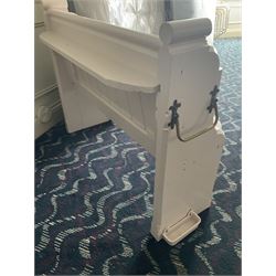 Small painted pew, with umbrella stands- LOT SUBJECT TO VAT ON THE HAMMER PRICE - To be collected by appointment from The Ambassador Hotel, 36-38 Esplanade, Scarborough YO11 2AY. ALL GOODS MUST BE REMOVED BY WEDNESDAY 15TH JUNE.