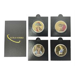 Four gold plated and coloured commemorative fifty pence coins, comprising 2017 Benjamin Bunny, Mr Jeremy Fisher, Tom Kitten and The Tale of Peter Rabbit, with Gold Strike certificate of authenticity