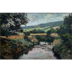 James Neal (Northern British 1918-2011): River Landscape, oil on board signed 15cm x 21cm
