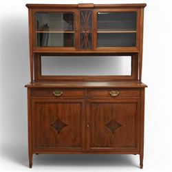 Early 20th century French mahogany dresser, raised display cabinets over bevelled mirror back, moulded rectangular top over two drawers and panelled cupboards, inlaid with figured panels, on square tapering supports with spade feet