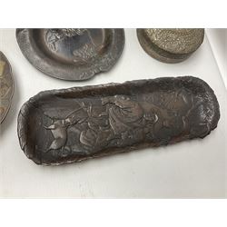 Brass sunfish ashtray, Chinese silver plated trinket box with mirror, bronzed matchbox cover and a collection of other Oriental bronzed embossed metal trays