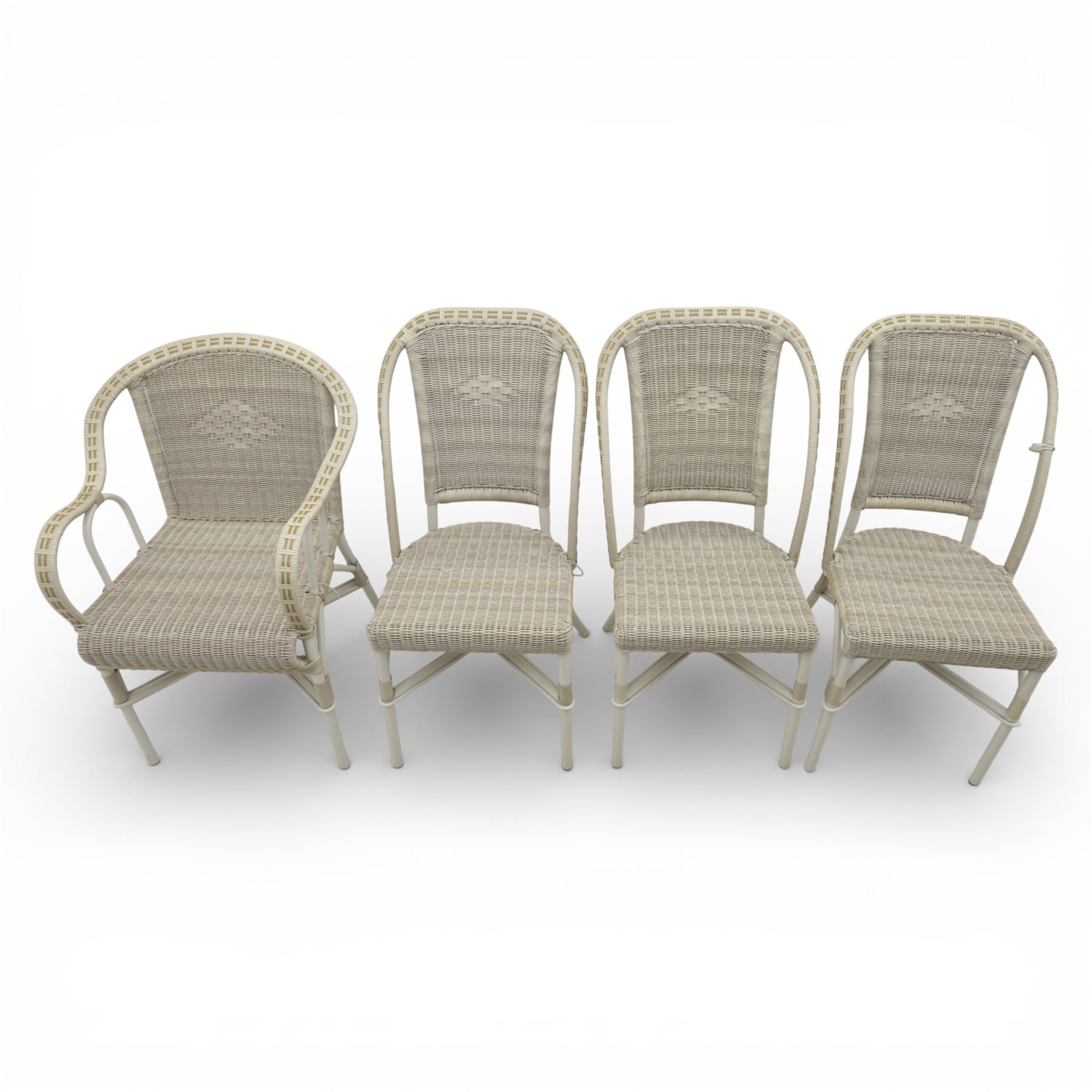 Kok Maison - 20th century French wicker chairs, set of eight including two carvers, with arched woven backs and seats in close cane weave, the frames painted cream, the arms with wrapped wicker detail, raised on turned supports united by cross shaped stretchers