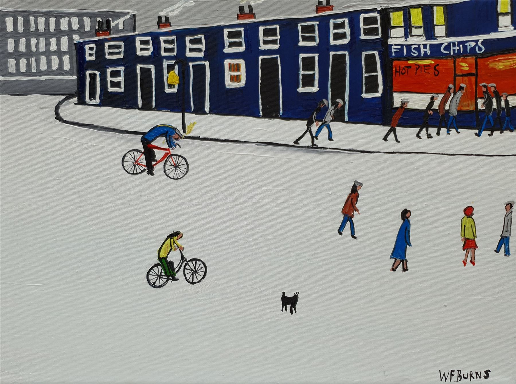 William Findley Burns (Northern British 1949-): 'The Chip Shop', oil on canvas signed, titled verso 30cm x 40cm (unframed)