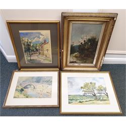 Hutton Buscel and Sinnington, two 20th century watercolours by Tayo Calvert; 19th century landscape oil on canvas (a/f); Wensleydale, watercolour signed Procter Dugdale (4)