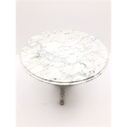  Circular moulded marble top garden table with ornate cast iron base, D90cm, H74cm  