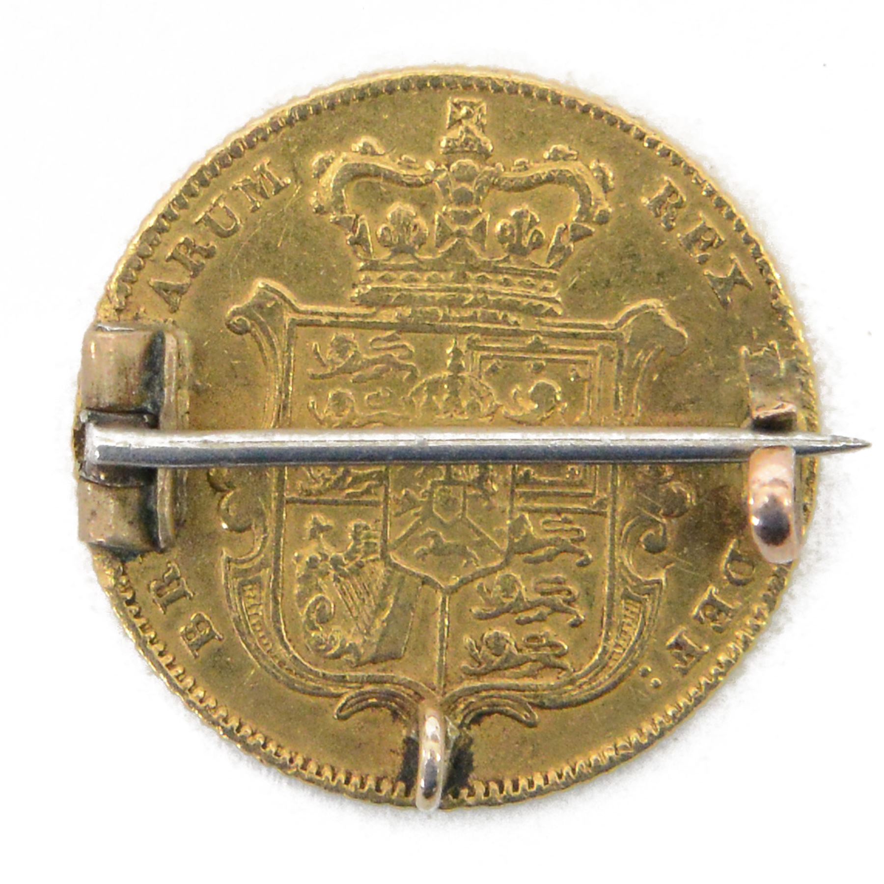 George IV 1828 gold half sovereign coin, mounted as a brooch (soldered)