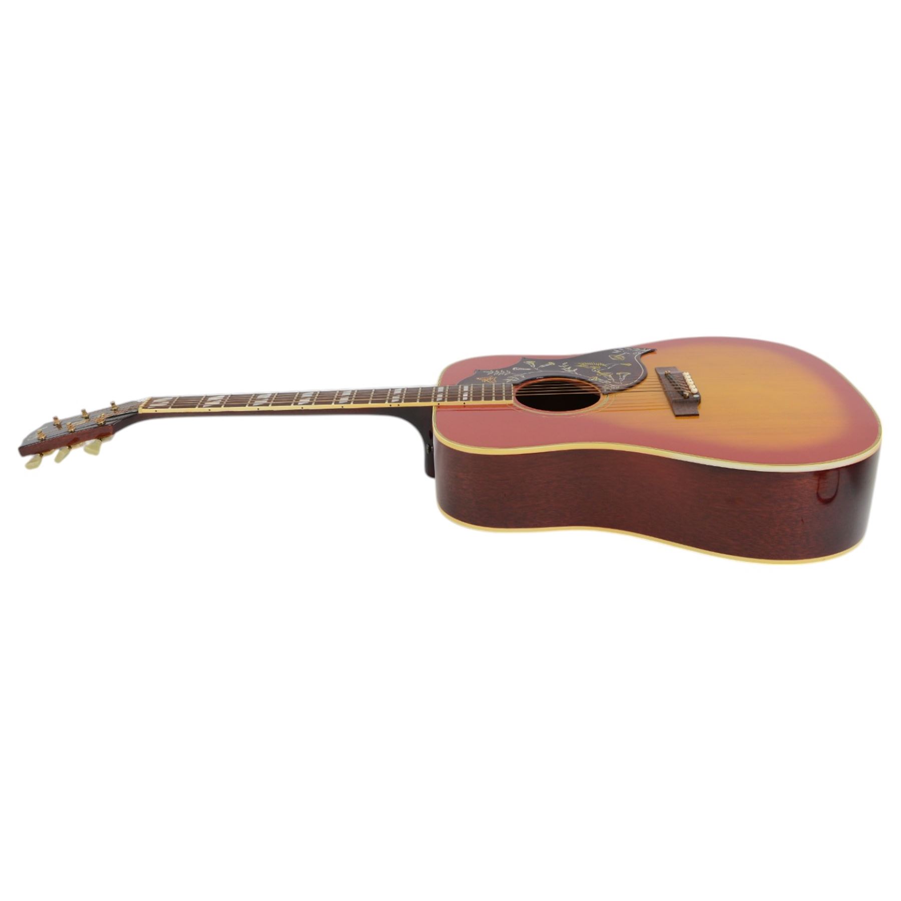 1968 Gibson Hummingbird acoustic guitar, with sunburst finish, serial no. 500460, inlaid mother of pearl fret markers, inlaid pick guard, bound fingerboard and sides, original adjustable bridge, original tuning pegs, contained within hard case, guitar length 104cm