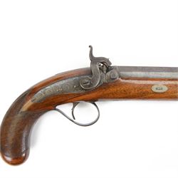 Pair of 19th century officer's duelling pistols, by William Chance & Son, with 25 bore sighted octagonal brown barrels, engraved London to the top, with gilt and platinum lines, foliate engraved tang, the back action lock plate signed and engraved with foliage, the walnut half stock, the trigger guard engraved with foliate and pineapple design, with ebony ramrods, in a brown velvet lined mahogany case, fitted with accessories including a copper pistol flask, a steel bullet mould, a tin of caps, lead balls, a cleaning rod with brass screw top