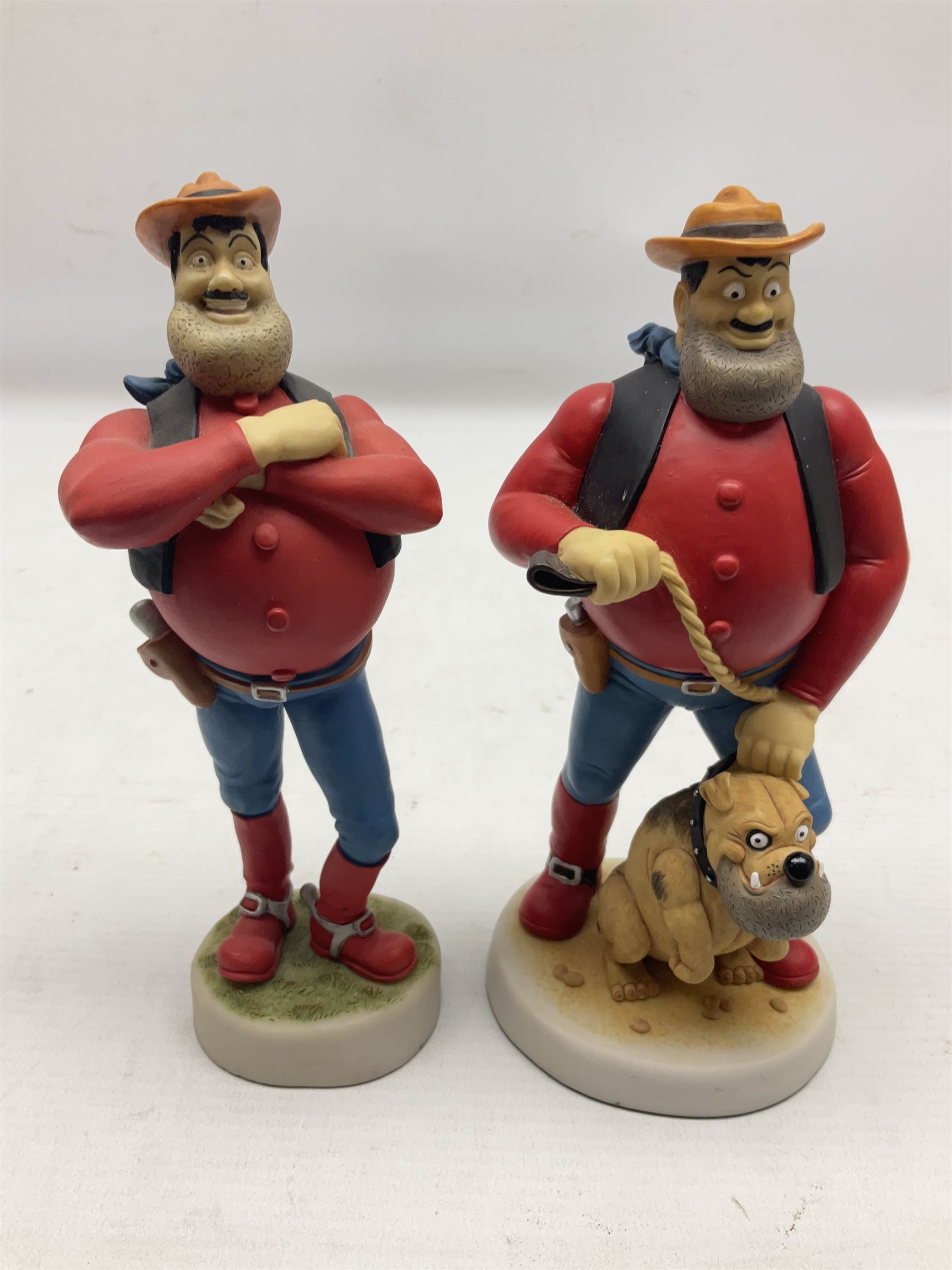 Eleven Robert Harrop figures from the Beano Dandy collection, comprising One Man & His Dawg BDS08, Picnic Desperate Dan BDS04, Fatty BD07, Desperate Dan BD03, Roger the Dodger BD20, Dennis the Menace BD01, Beryl the Peril BD05, Minnie the Minx BD04, Surfing BP03, two Spotty BD16, together with a Genuine Beano Ware lidded box (12)
