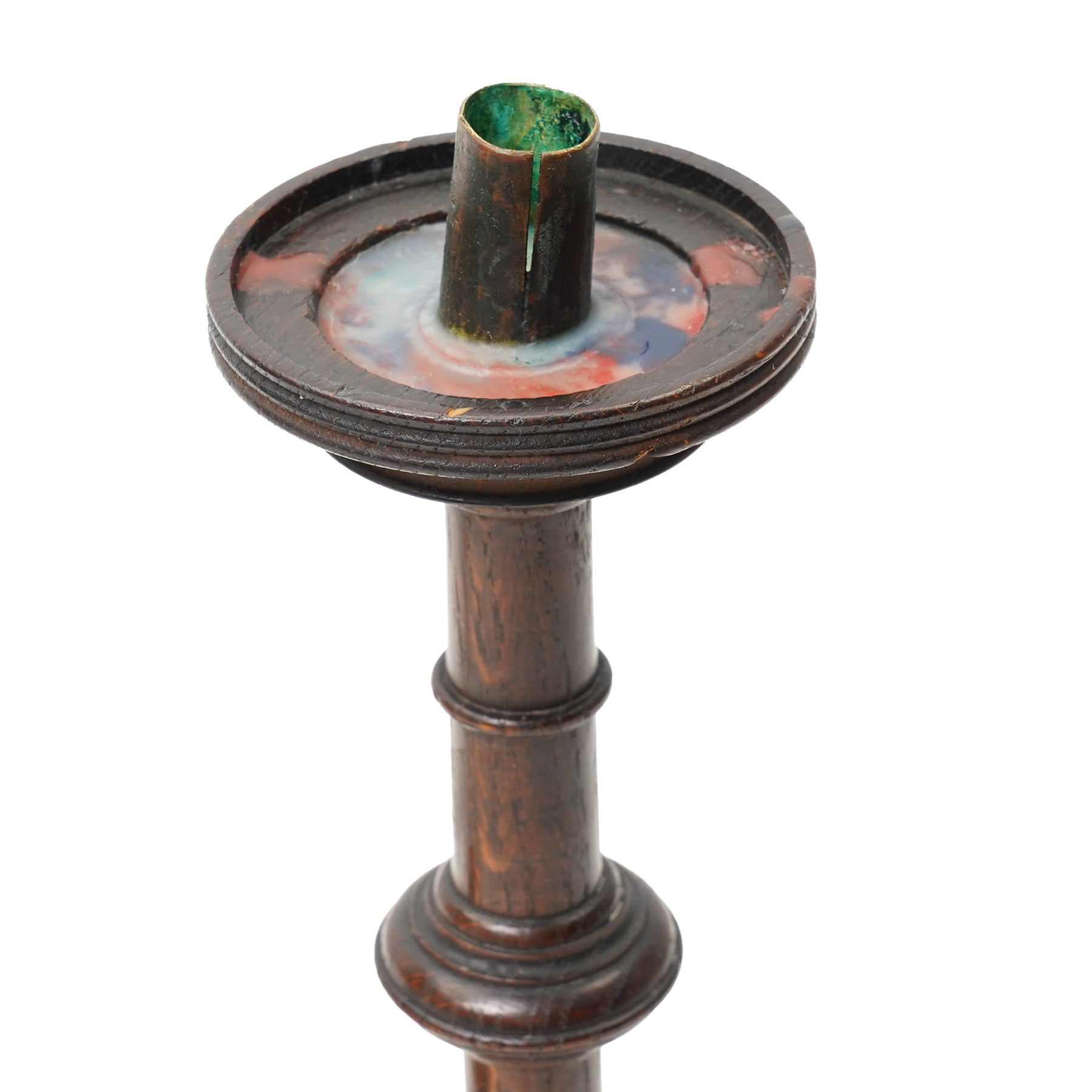  Large set of 19th century brass Apothecary Scales on mahogany single drawer base W56cm and a pair of 19C turned wood altar candlesticks