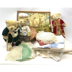 A quantity of flocked and embroidered linen table clothes, crochet edge linen, and a number of lace and crochet doyleys including hairpin and tatting examples, together with a framed and glazed Margaret W Tarrant print, and three Special Collector’s Edition teddy bears, Grandfather Bear, Invalid Bear and Chef Bear. 