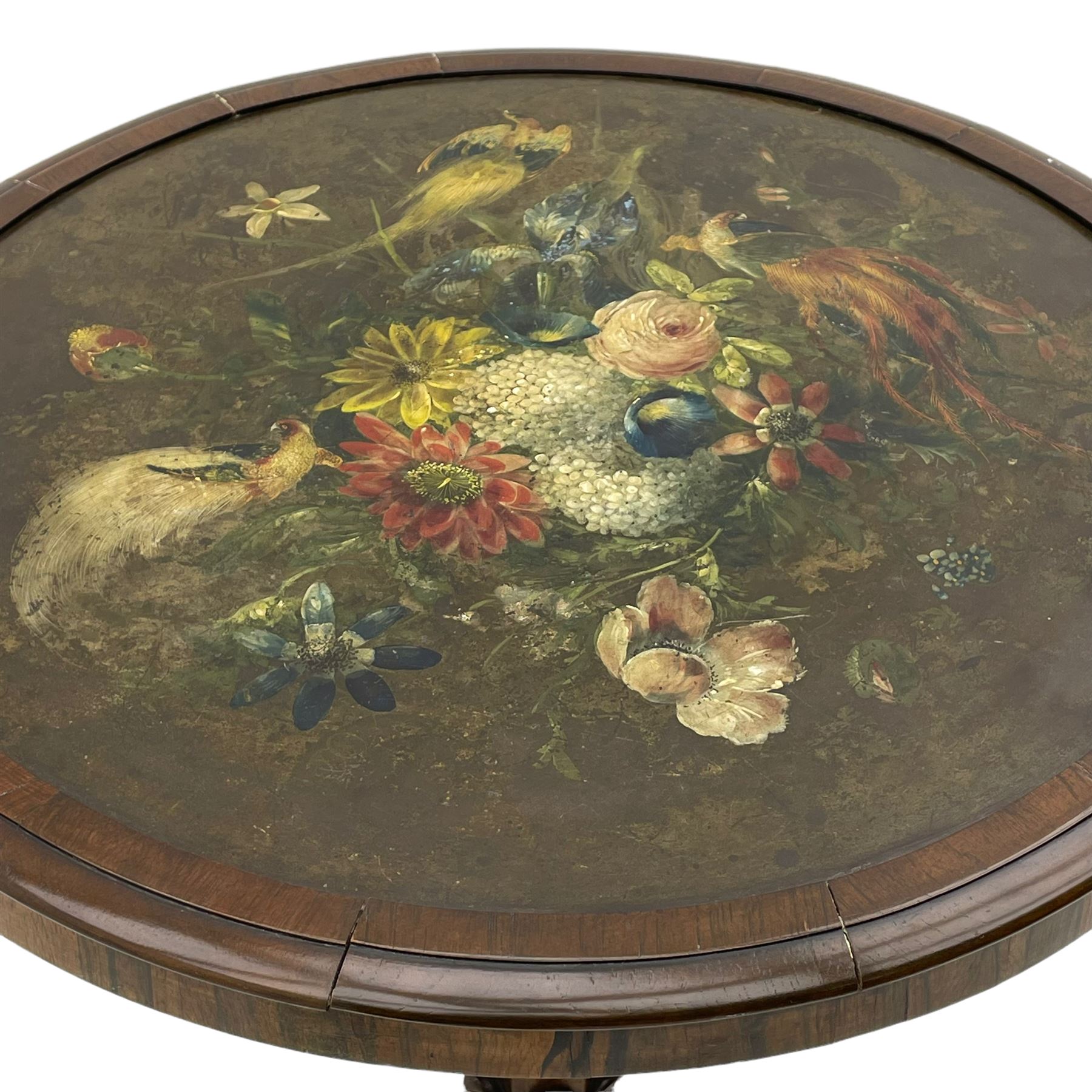 Early Victorian rosewood tripod pedestal table, circular moulded top hand painted with flowers and birds on slate, on tapered hexagonal column with carved acanthus leaf baluster, three splayed supports carved with foliage and scrolling terminals 