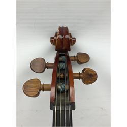 Two student half-size cellos - Boosey & Hawkes Artia with 65cm one-piece back and spruce top; bears maker's label; L104cm overall; and Romanian with 65.5cm two-piece maple back and ribs and spruce top; bears label; L108.5cm overall; each in soft carrying case with two bows (2)