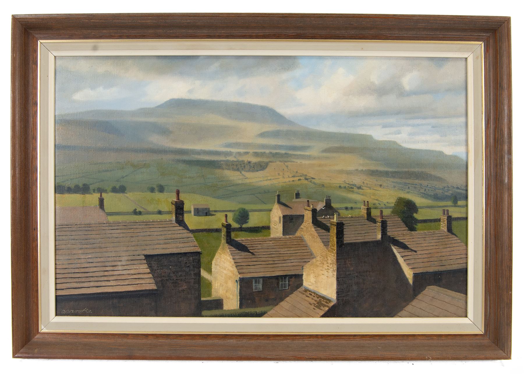 Anne Isabella Brooke (Yorkshire 1916-2002): 'Penhill from Preston-under-Scar - Wensleydale', oil on canvas signed, titled on label verso 34cm x 55cm 
Provenance: purchased by the vendor's parents directly from the artist in the 1970s.