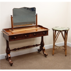  Early 20th century mahogany washstand, raised back, two drawers turned supports on sabre feet joined by single stretcher (W108cm, H80cm, D50cm), a dressing mirror and a glass top plant stand (3)  