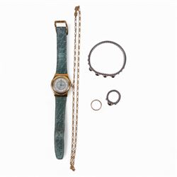 9ct gold wedding band, Nomination ring and bracelet, Swatch wristwatch and a gilt necklace
