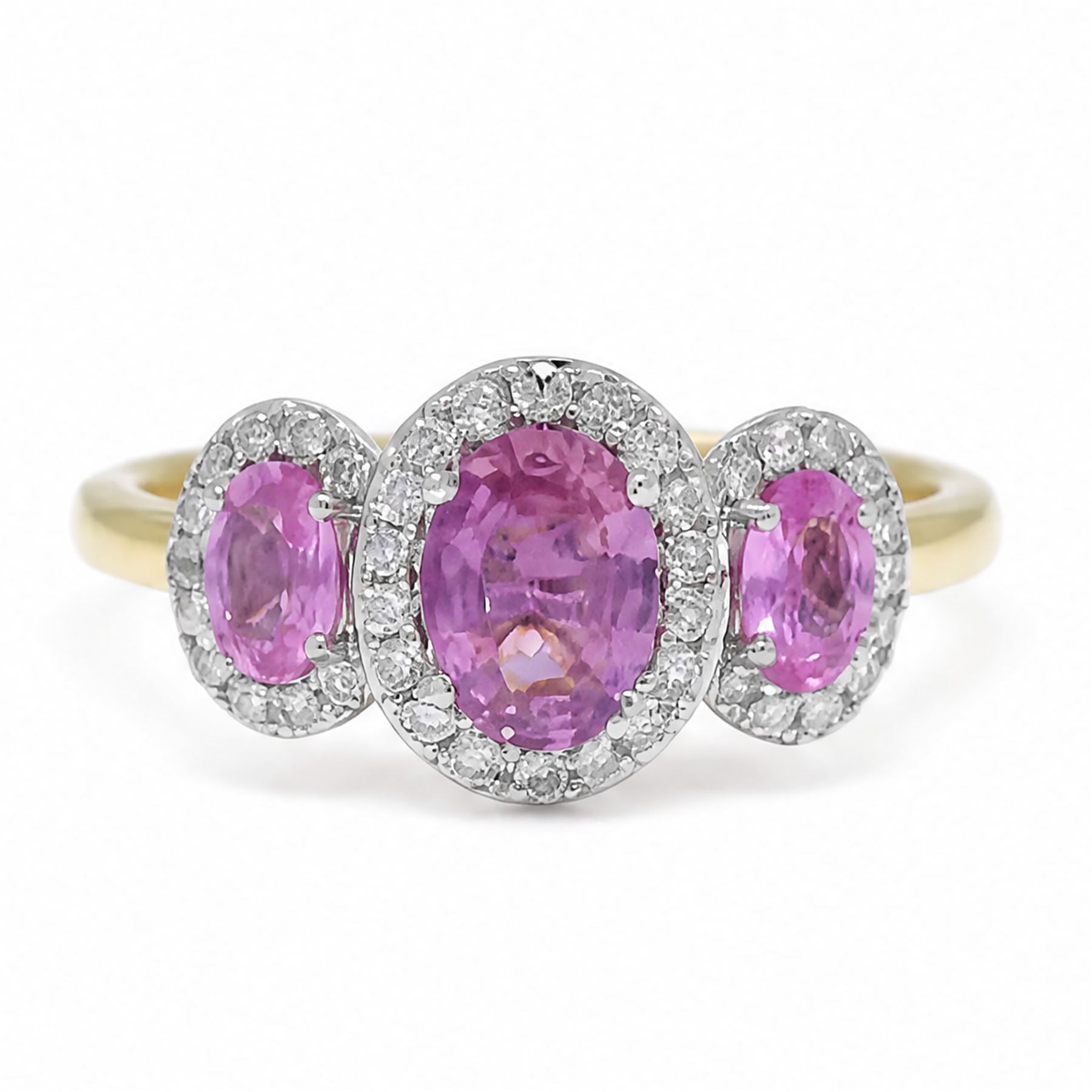 18ct gold pink sapphire and diamond trilogy ring, three oval cut sapphires surrounded by round brilliant cut diamonds, hallmarked, total sapphire weight approx 1.45 carat, total diamond weight approx 0.25 carat