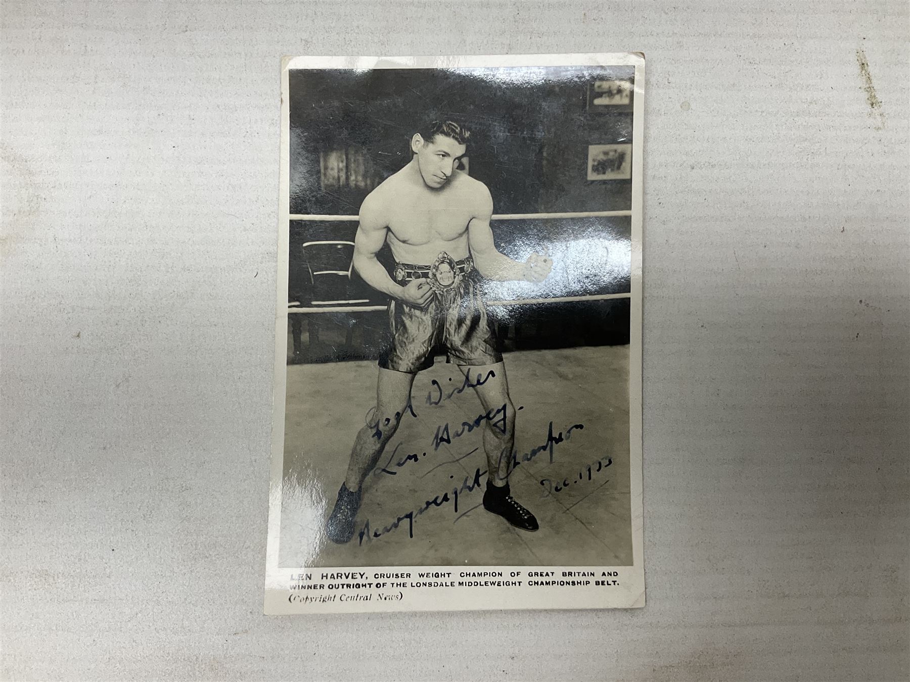 Football - Sherman's Searchlight on Famous Teams trade cards 1938-39 (28) and Searchlight on Famous Players (15); and nine booklets including F.A. Cup Annual 1951;two early 1960s F.A. Yearbooks etc; together with seven photographs of cricket teams, first half of 20th century; and four 1940s and later cricket booklets; and a signed postcard of boxer Len Harvey