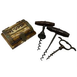 Two corkscrews with turned wood handles, together with another corkscrew and a panelled bone box with pierced decoration, L10cm
