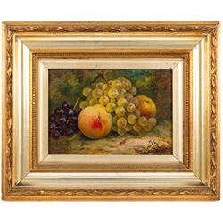 George Spencer (British 19th Century): Still Life of Fruits on a Bed of Grass, pair of oils on canvas board max 16.5cm x 24cm (2)