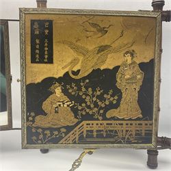 Japaneses triptych mirror, with two fold out panels with prints depicting egrets and figures in a garden with Japanese text, within a bamboo frame, H32cm