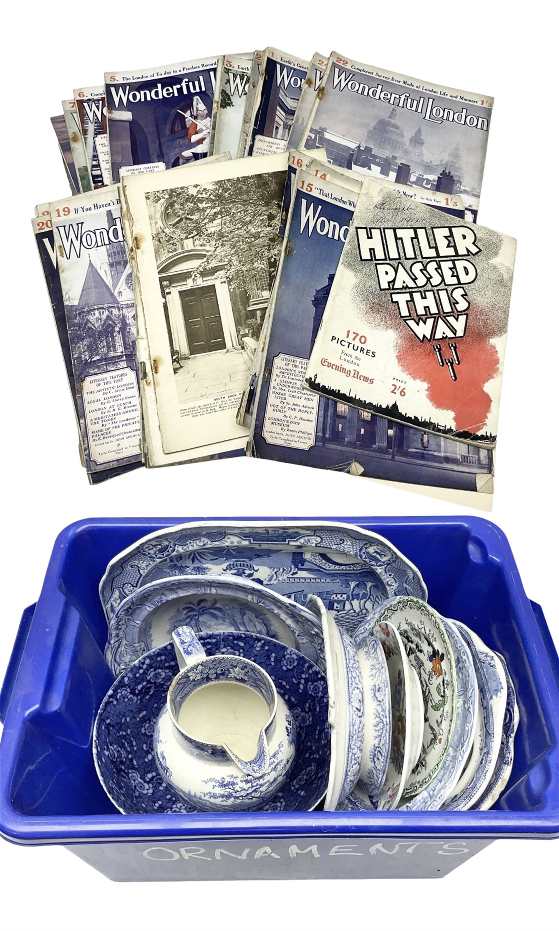 Twenty-three volumes of Wonderful London, early 20th century, edited by St John Adcock, together with WWII Hitler Passed This Way published by the London Evening News, together with Late 19th/early 20th century Amherst Imari style bowl, together with a Bisto blue bowl decorated with blossoming branches, quantity of 19th century and later blue and white ceramics to include twin handled footed dishes etc