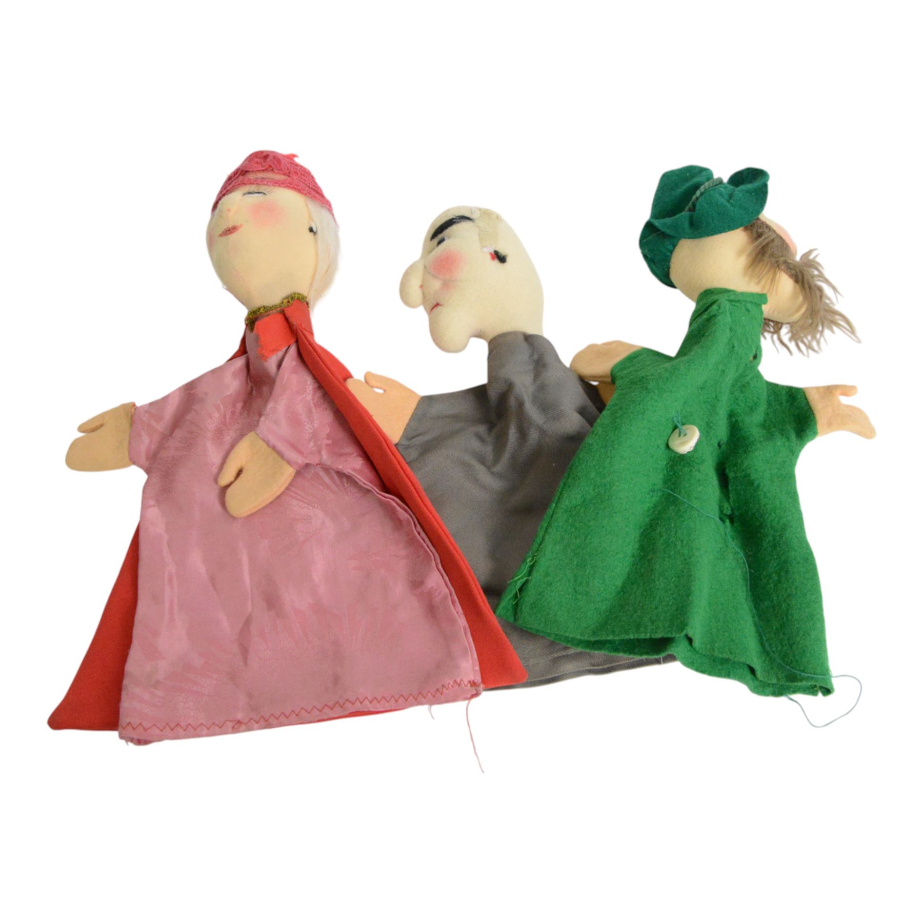 Collection of Kersa and similar German hand puppets, depicting various characters with felt faces with stitched and painted details