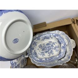 Spode Italian pattern bowl, together with quantity of silver-plated metalware and glassware, brass candlesticks etc in three boxes